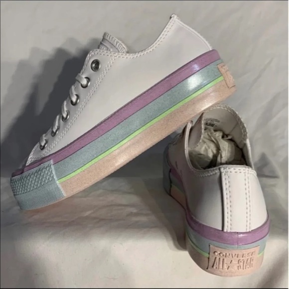 Converse CTAS Lift Ox Platform Shoes Pastel Glitter Rainbow White Womans New - Picture 3 of 6